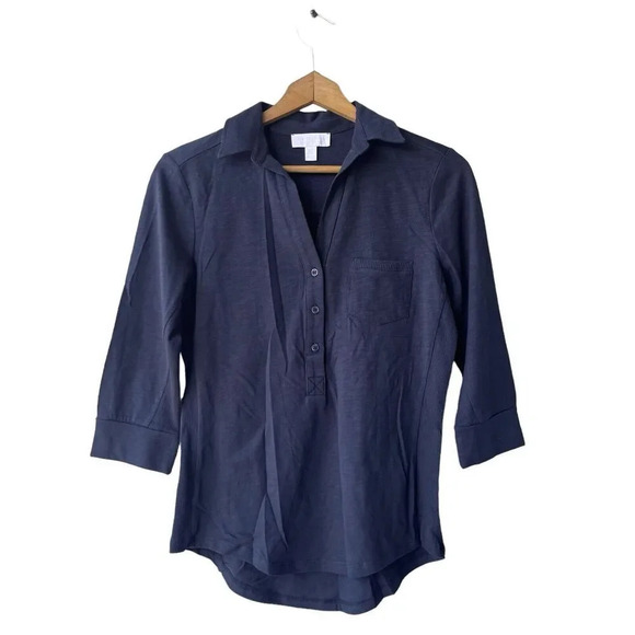 THE WHITE COMPANY Knit Top Women’s US 6 UK 10 Dark Blue 3/4 Sleeve V-neck Blouse - Picture 1 of 3